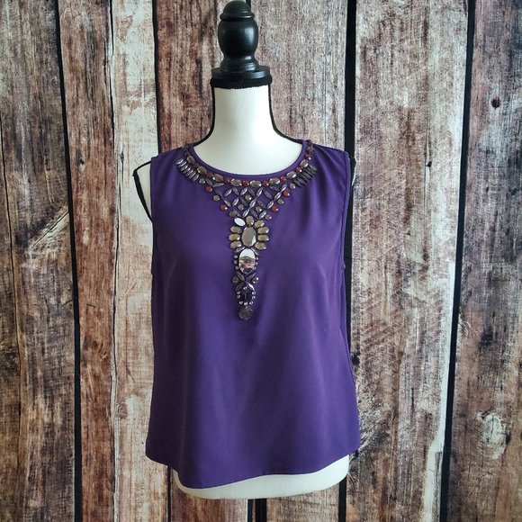 Royal Trina Turk Size Large Purple Beaded Blouse Top - Picture 1 of 5